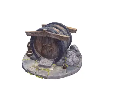Medieval Stone Cellar Entrance with Wooden Barrel Door 3D model