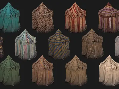 Medieval Market Stalls Cylindrical Tent Pack Low-poly 3D model