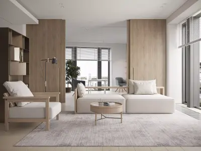 Minimalist wooden style living room 3D model