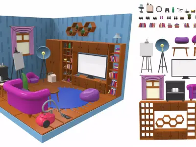 Isometric cartoon living room 01 3D model