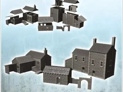 Set of three traditional European stone buildings with farm and  3D print model