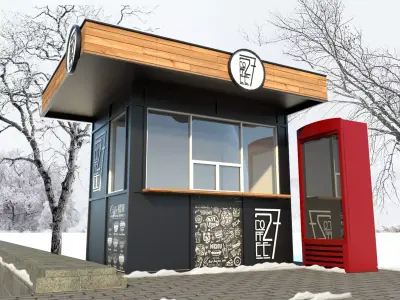 Market coffee shop with phone booth 3D model