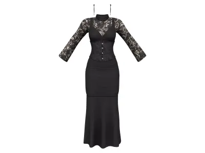 Black Victorian Outfit Earrings Top Skirt Low-poly 3D model