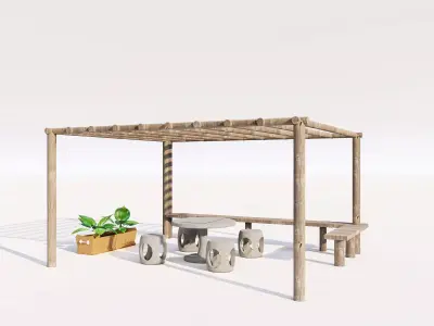 Modern Pergola Shade  with Stone Sitting Low-poly 3D model
