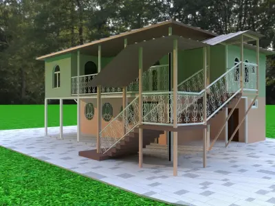 house with stairs and grass 3D model