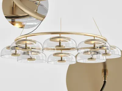 BLOSSI circular glass chandelier in brass and clear glass 3D model