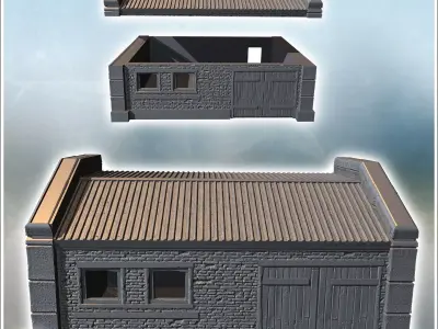 Single-story stone building with corrugated roof and small windo 3D print model