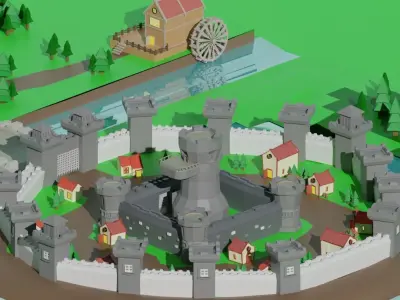 Low Poly Kingdom toy castle in middle of field Low-poly 3D model