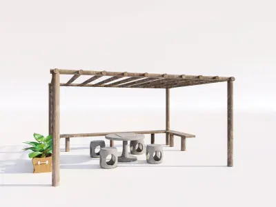 Modern Pergola Shade  with Stone Sitting Low-poly 3D model