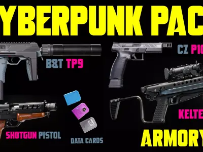 Game Ready Cyberpunk Weapons Pack PBR Rigged Low-poly 3D model