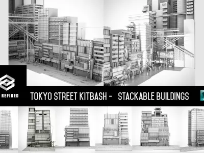 Tokyo Street Building Assets kidbash set Low-poly 3D model