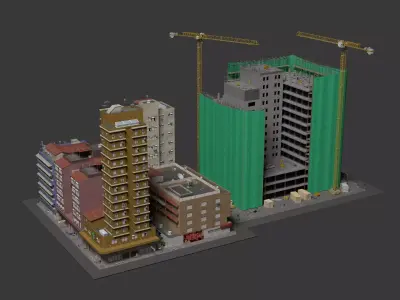 High Rise Construction Dual Tower Cranes Urban Site 3D Model Low-poly 3D model