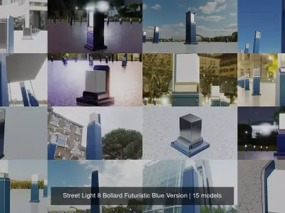 Street Light 8 Bollard Futuristic Blue Version 3D Model Pack