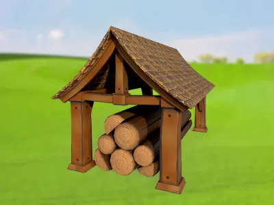 Stylized log shed sawmill PBR game ready Low-poly 3D model