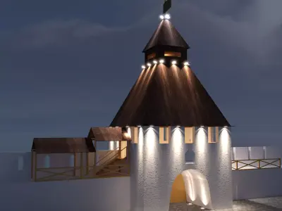 Kazan wooden tower at night Low-poly 3D model