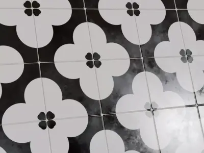 Modern Retro Black and White Floral Graphic Tiles PBR Seamless Texture