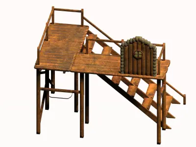 Wooden game asset entrance porch Low-poly 3D model