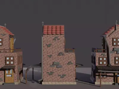 low-poly house brick building with roof Low-poly 3D model