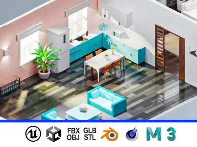 Room 1 living with furniture Low-poly 3D model