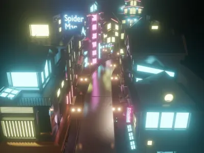 Low poly Street city at night with neon lights Free 3D model
