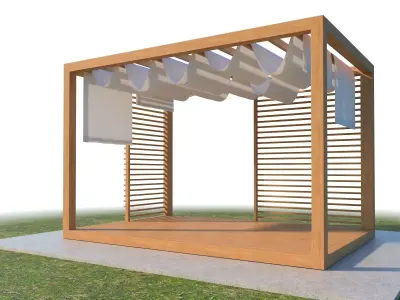 Pergola With Patio Cover And Curtains 3D model