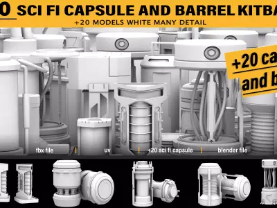20 sci fi capsule and barrel kitbash 3D model