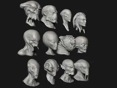 12 Aliens Heads 3D model