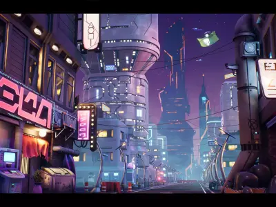 Modular Stylized Cyberpunk Street Low-poly 3D model