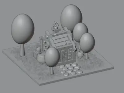 low poly house with trees and grass Low-poly 3D model