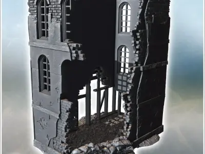 Ruined brick wall with collapsed roof sections and scattered deb 3D print model