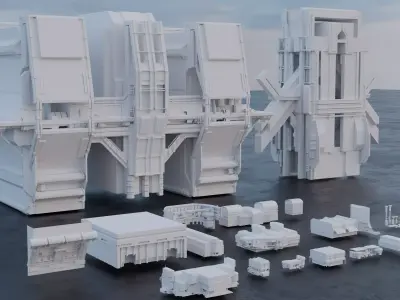 Scifi building kitbash pack Low-poly 3D model