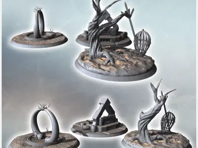 Circular structures featuring an archway a hut and a twisted tre 3D print model