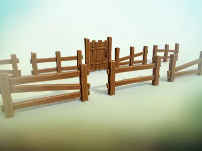 Stylized wooden fence of 10 sections PBR game ready Low-poly 3D model