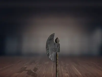 Realistic Axe in middle of wooden floor 3D model