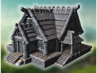 Rustic wooden house with overlapping roof shingles thick wooden  3D print model