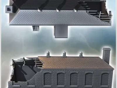 Damaged building with two stairway entrances bricked-up windows  3D print model