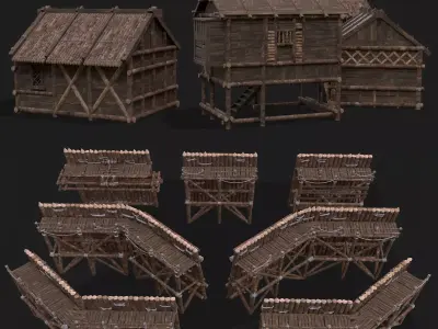 Medieval Modular Houses and Guarded Walls  3D Model Pack