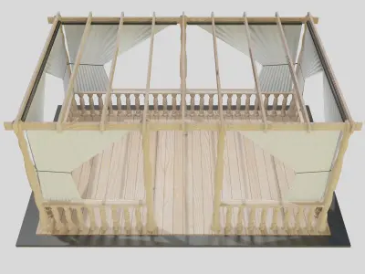 Pergola wooden gazebo with curtains 3D model