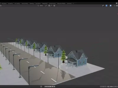 Stylized Suburban Street Scene in Blender Low-poly 3D model