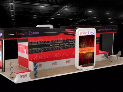 Sleek tech-themed stall with dual branding panels and display 3D model