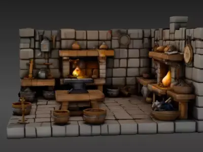 Stylized Blacksmith Forge 3D Model Scene Low Poly Medieval  Low-poly 3D model