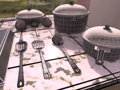 Cooking Set kitchen with pots and pans on counter 3D model