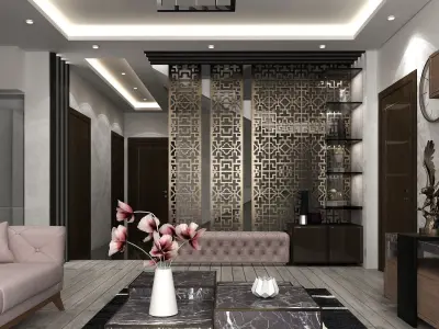 Full detailed Living room hall with kitchen interior scene 3D model
