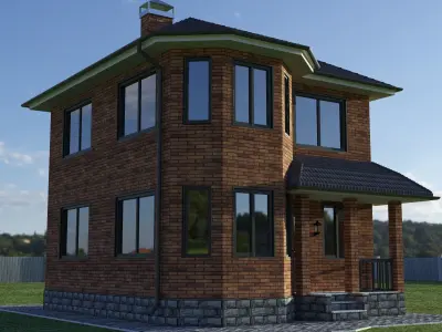 House 3 brick on grassy field 3D model