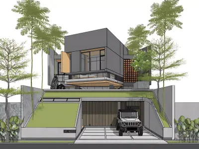 3D Model Modern 2 Story Contemporary House Facade Cantilever  3D model