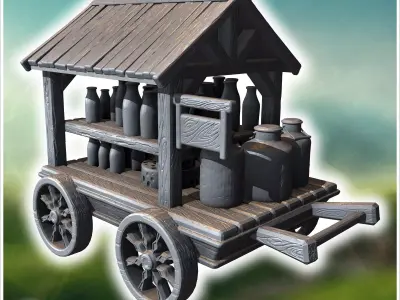 Wooden cart with a roof filled with milk bottles and stacked whe 3D print model