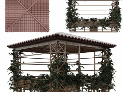 Bower wooden gazebo with vines growing 3D model