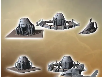 Futuristic escape pod with a satellite communication dishes on r 3D print model