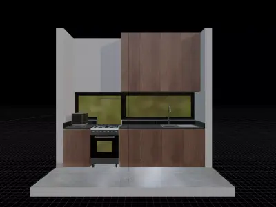 Walnut And Black Isometric Kitchen Interior 3D model