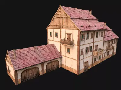 Medieval Brick Town House with Barn Low-poly 3D model